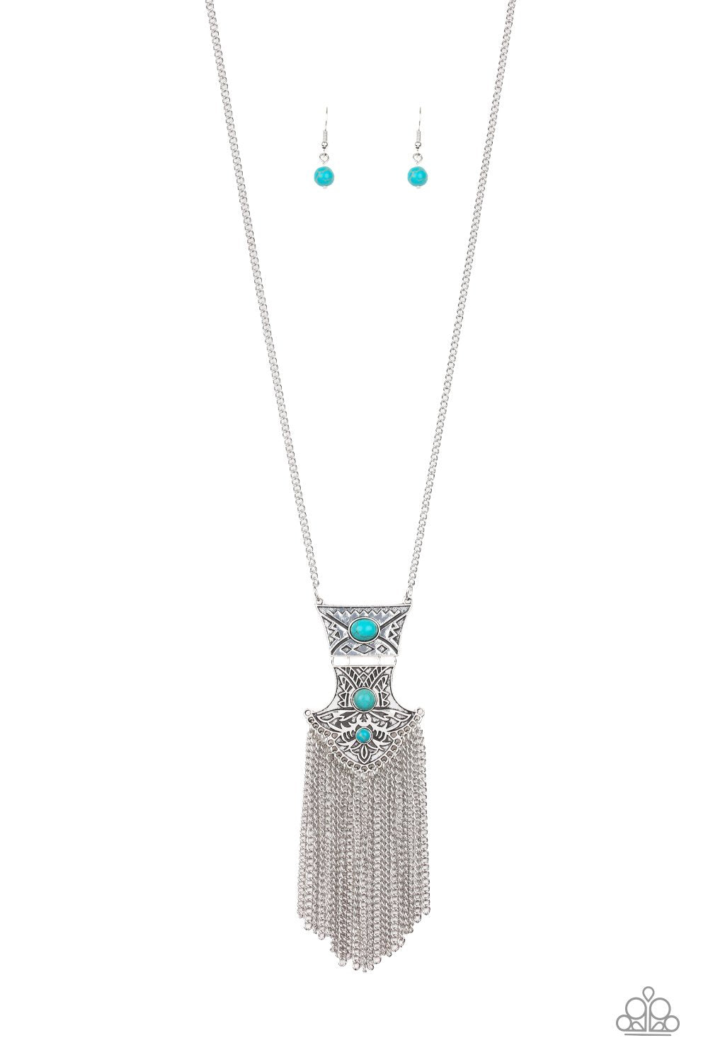 TOTEM TASSEL - BLUE TURQOISE SILVER TRIBAL LONG NECKLACE - PAPARAZZI