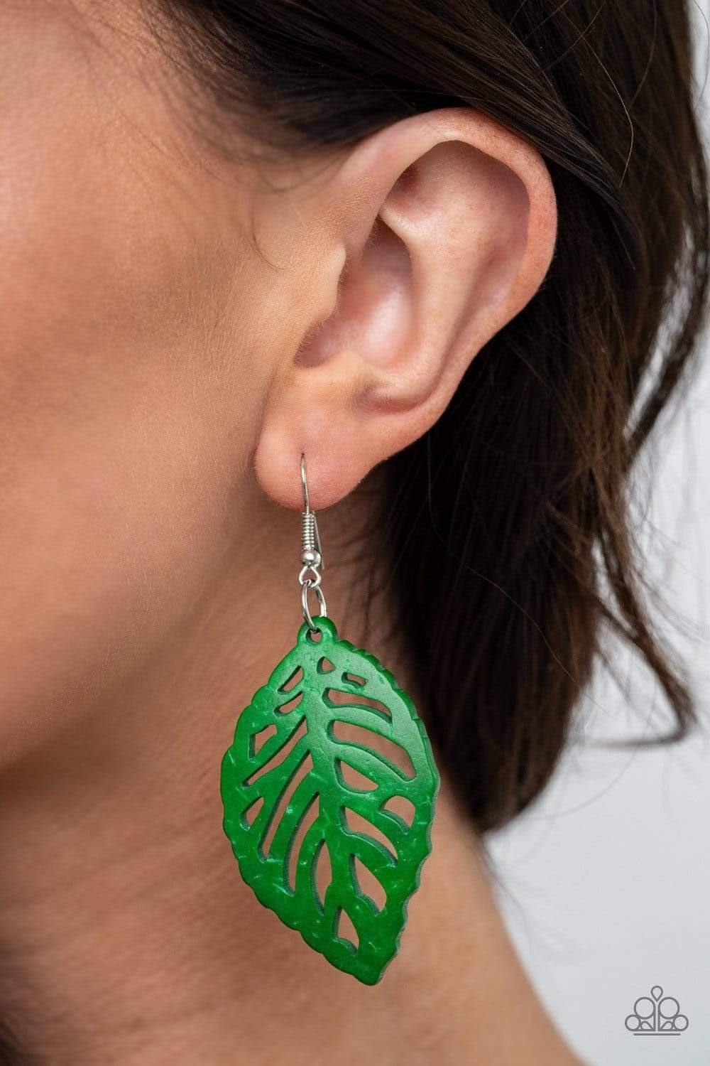 LEAF Em Hanging - Green Wooden Earrings